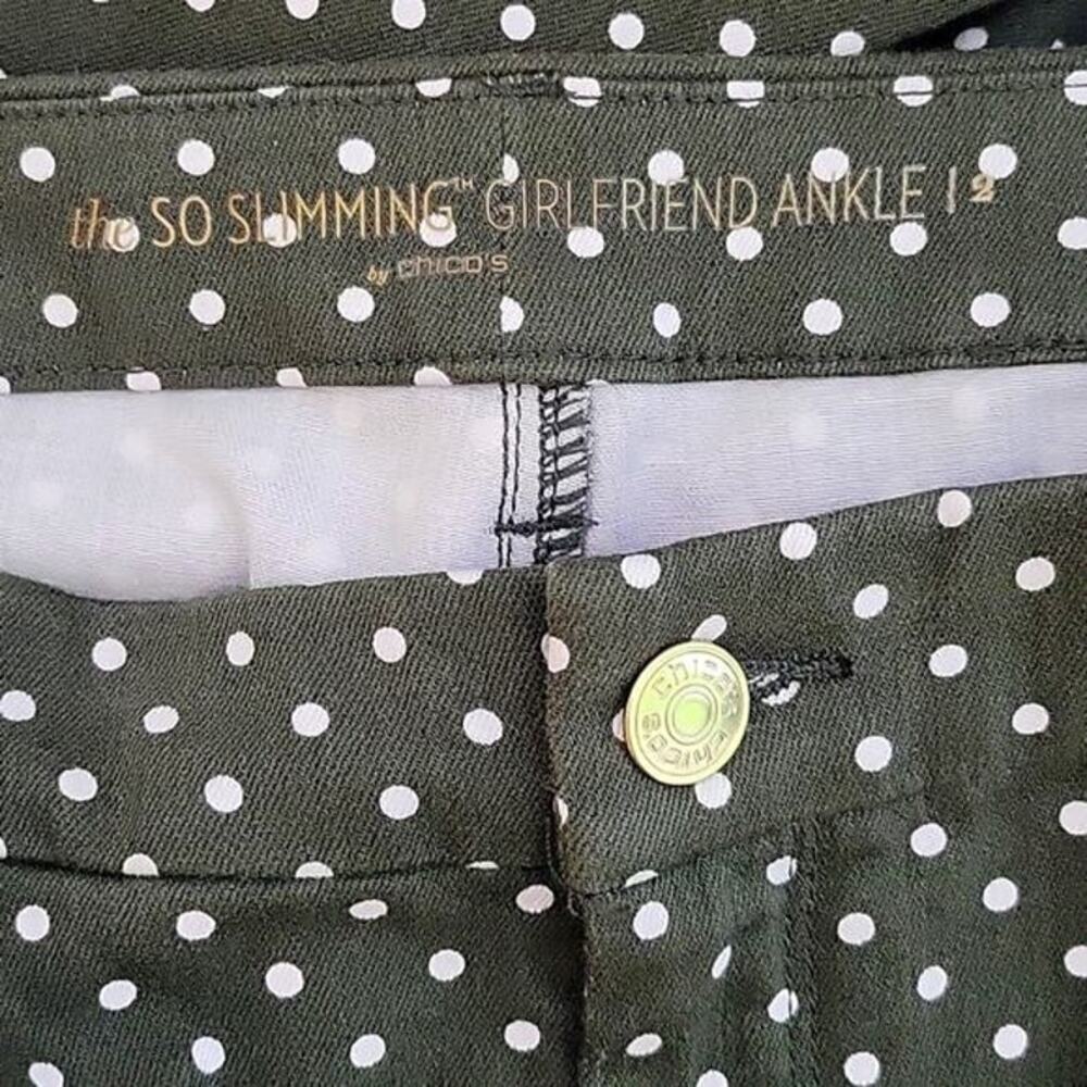 Chico's Olive Green Polka Dot So Slimming Girlfriend Ankle Jeans Size 10 - Picture 5 of 6